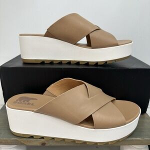 Sorel Womens Cameron Sandal Sz 11 Brown Leather Slide Platform Chunky Wedge NIB